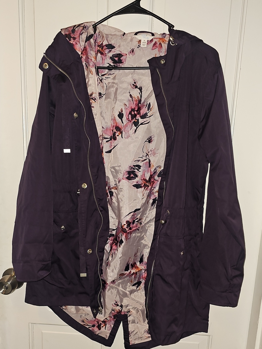 Time and Tru Purple Hooded Utility Jacket with Floral Lining